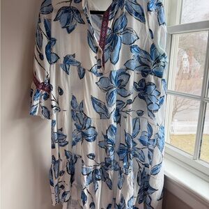 Women’s White Floral Tiered Dress with Blue Print